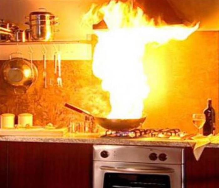 kitchen pan on fire catching the wall behind stove on fire
